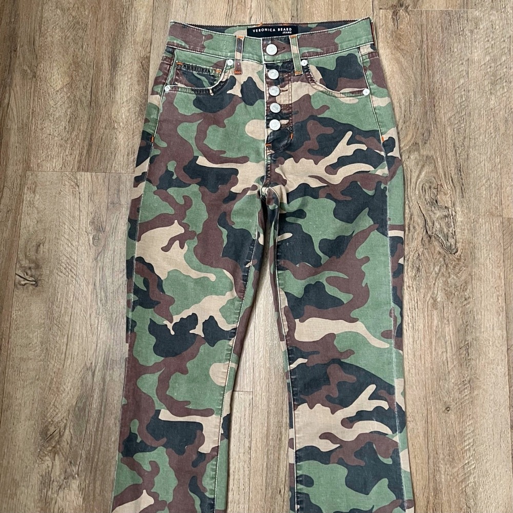 Veronica Beard Carly Kick Flare High Rise Jeans Camo Print Button Fly Size 24 - Picture 5 of 10